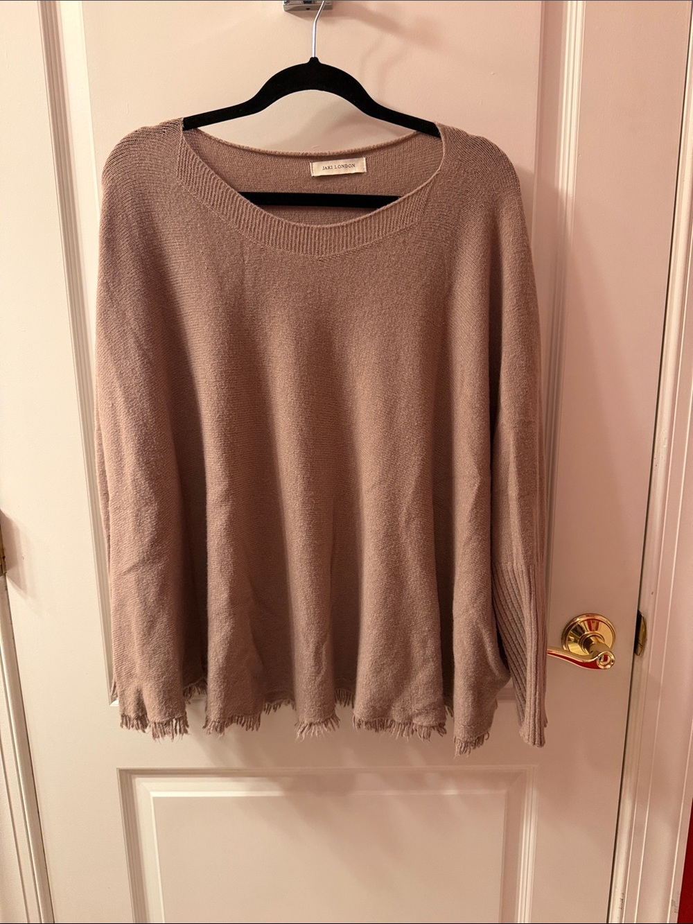 Calm London Taupe Crewneck Fringe-Hem Sweater
